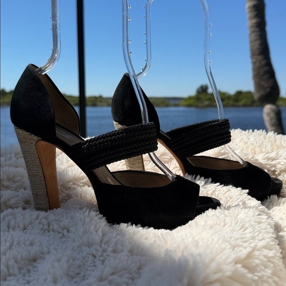 Max Mara Black Suede Raffia Heel Platform Peep Toe Heels Women's size 9/39 - Picture 6 of 12